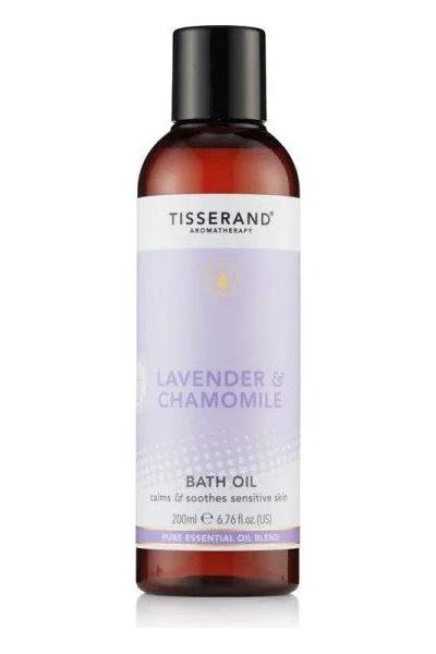 Tisserand Lavender & Chamomile Bath Oil 200ml for relaxation and skin nourishment.
