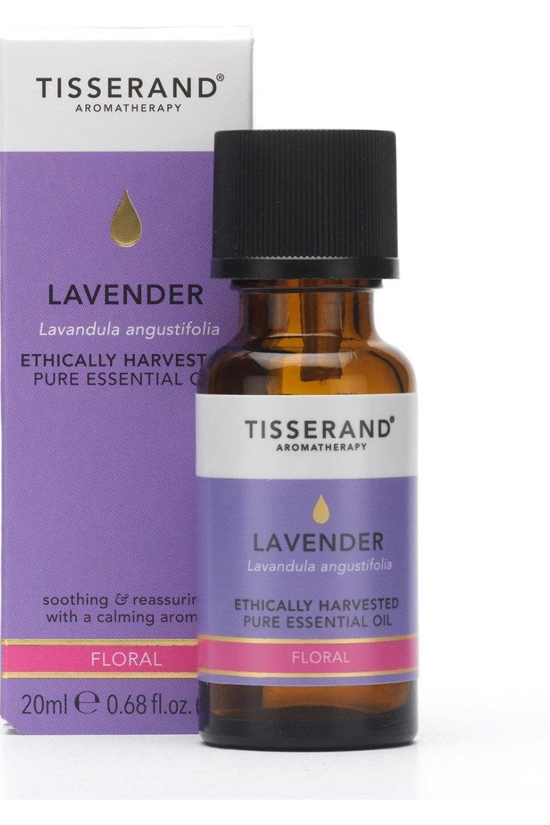 Tisserand Lavender essential oil 20ml, ethically harvested, known for relaxation and stress relief benefits.