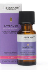 Tisserand Lavender essential oil 20ml, ethically harvested, known for relaxation and stress relief benefits.