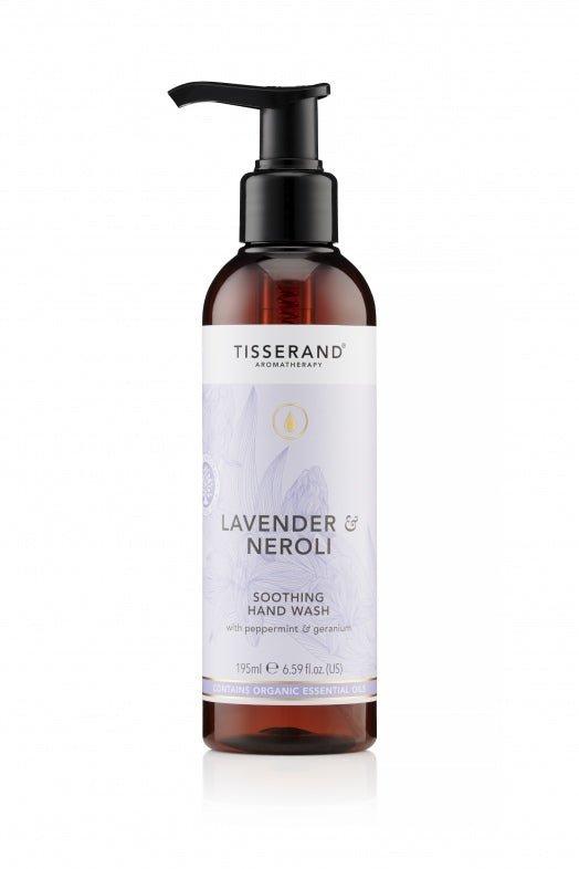 Tisserand Lavender & Neroli soothing hand wash bottle with pump, 195 ml, featuring calming aromatherapy ingredients.