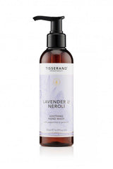 Tisserand Lavender & Neroli soothing hand wash bottle with pump, 195 ml, featuring calming aromatherapy ingredients.