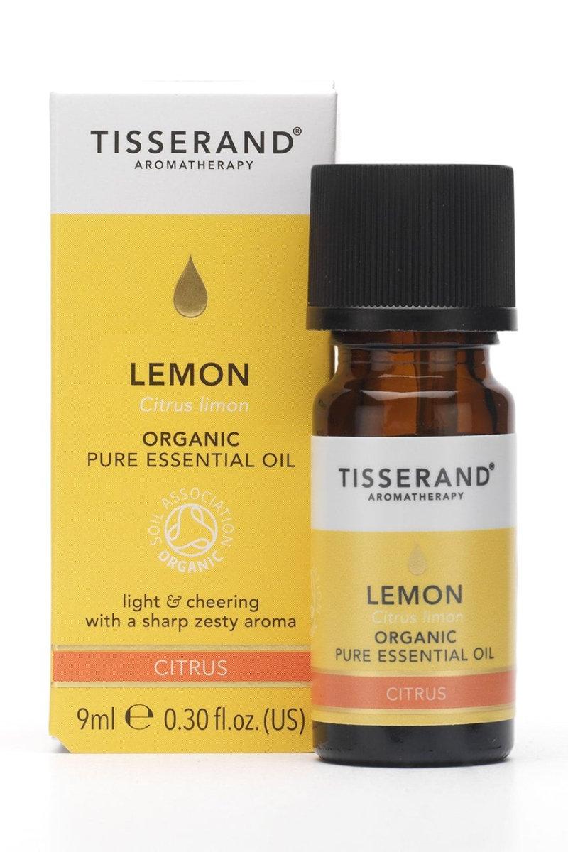 Tisserand Aromatherapy Lemon Citrus Limon organic essential oil, 9 ml bottle with yellow packaging.