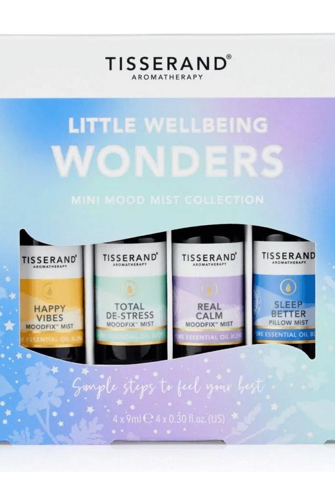 Tisserand Little Wellbeing Wonders Mini Mood Mist Collection, four 9ml sprays for stress relief and relaxation.