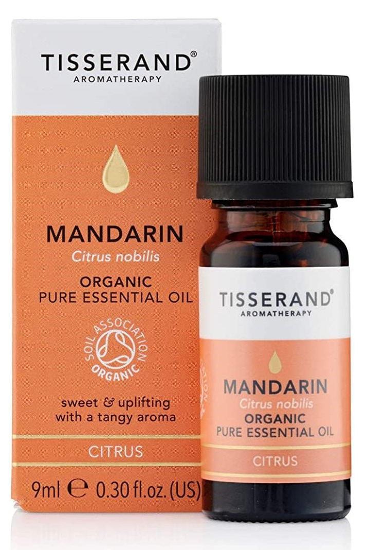 Tisserand Aromatherapy Mandarin Essential Oil 9ml in box, uplifting citrus aroma for mood enhancement.