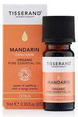 Tisserand Aromatherapy Mandarin Essential Oil 9ml in box, uplifting citrus aroma for mood enhancement.