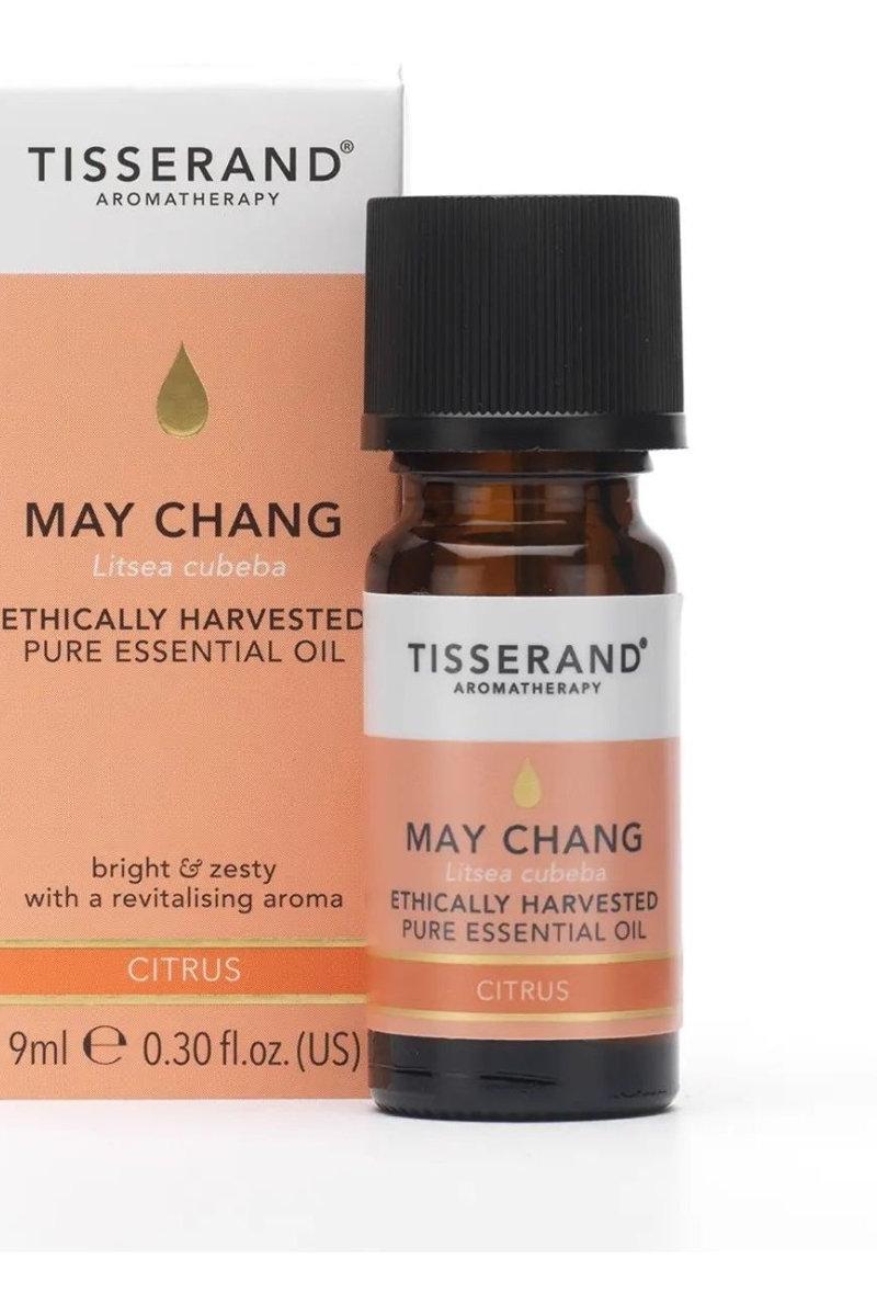 Tisserand Aromatherapy May Chang essential oil bottle, ethically harvested 9ml, featuring bright citrus aroma.