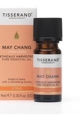 Tisserand Aromatherapy May Chang essential oil bottle, ethically harvested 9ml, featuring bright citrus aroma.