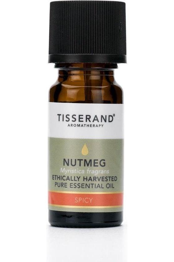 Tisserand Nutmeg Essential Oil, ethically harvested, 30 ml bottle for natural digestion support and aromatic benefits.