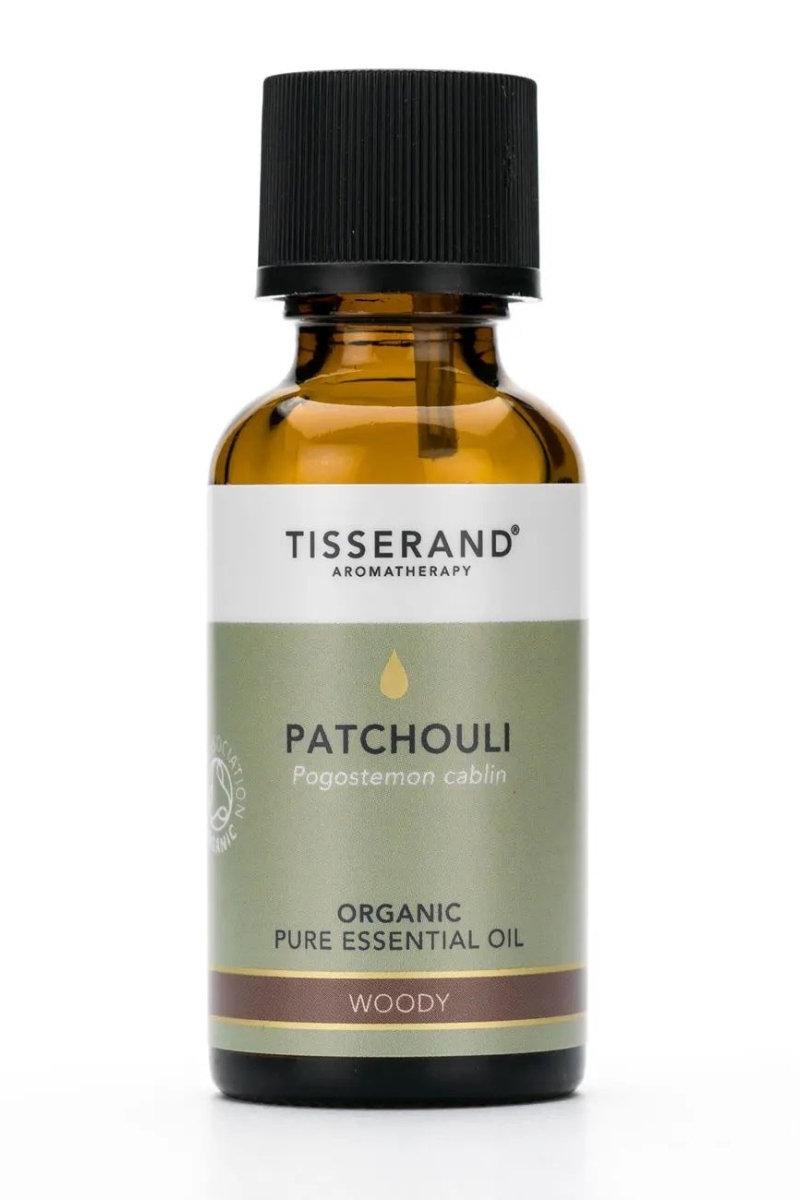 Tisserand Aromatherapy Patchouli Organic Oil bottle, 30 ml, essential oil for stress relief and relaxation.
