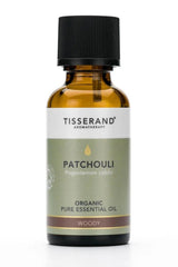 Tisserand Aromatherapy Patchouli Organic Oil bottle, 30 ml, essential oil for stress relief and relaxation.