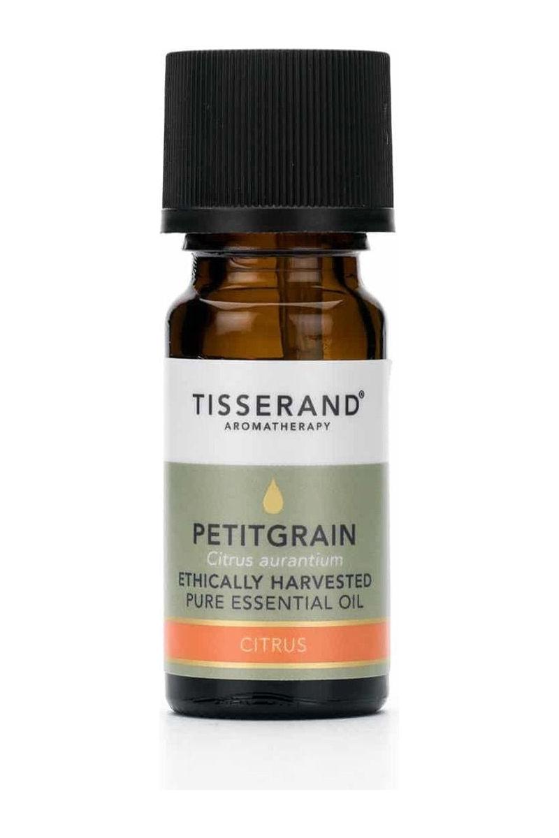 Tisserand Petitgrain essential oil 30ml bottle, ethically harvested, known for uplifting and balancing properties.