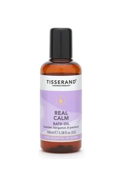 Tisserand Aromatherapy Real Calm Bath Oil with natural lavender, bergamot, and patchouli essential oils.