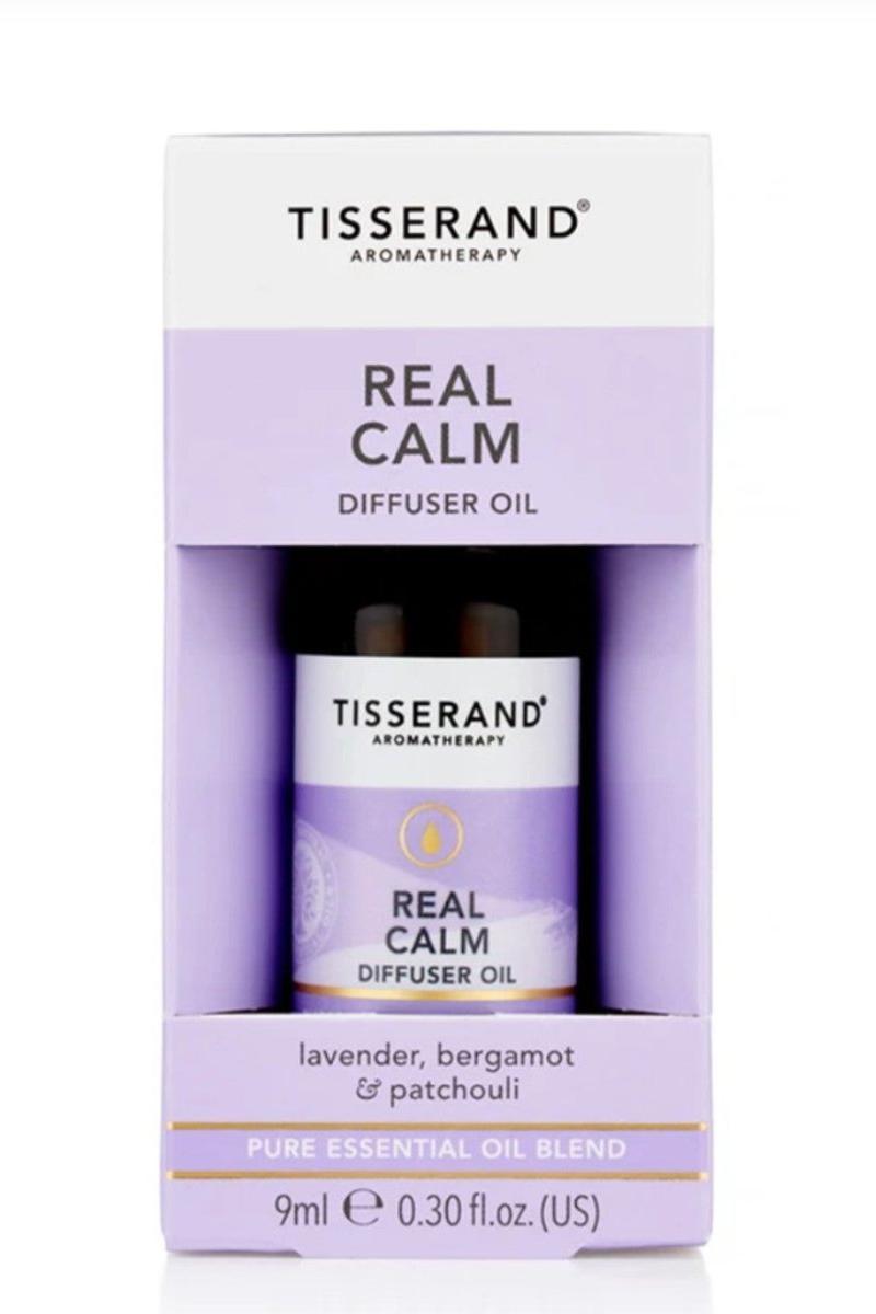 Tisserand Real Calm Diffuser Oil 9ml with lavender, bergamot, and patchouli for relaxation and improved air quality.