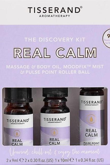 Tisserand Aromatherapy Real Calm Discovery Kit with massage oil, mist, and pulse point roller ball for relaxation.