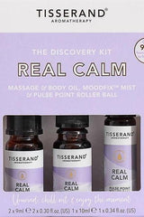 Tisserand Aromatherapy Real Calm Discovery Kit with massage oil, mist, and pulse point roller ball for relaxation.