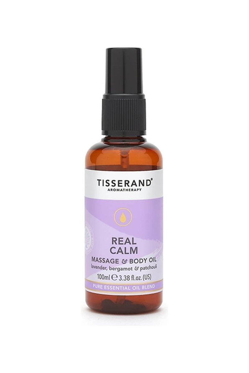 Tisserand Real Calm Massage & Body Oil, 100 ml, with lavender, bergamot, and patchouli for relaxation.
