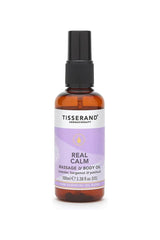 Tisserand Real Calm Massage & Body Oil, 100 ml, with lavender, bergamot, and patchouli for relaxation.
