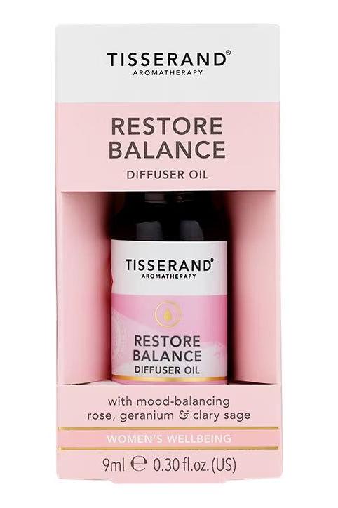 Tisserand Restore Balance Diffuser Oil (9ml) for mood enhancement with rose, geranium, and clary sage.
