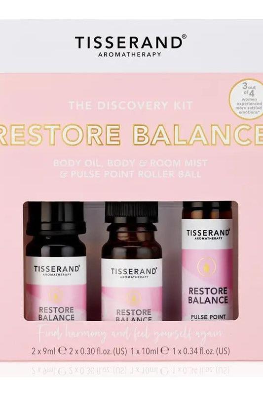 Tisserand Aromatherapy Restore Balance Discovery Kit with body oil, mist, and pulse point roller ball.