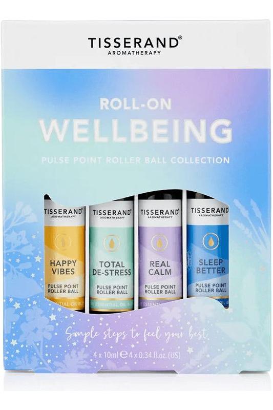 Tisserand Aromatherapy Roll-On Wellbeing set of 4 essential oil pulse point roller balls for mood enhancement and relaxation.