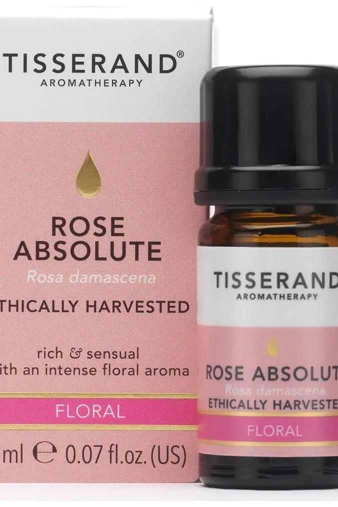 Tisserand Aromatherapy Rose Absolute Rosa Damascena 2ml bottle with pink packaging, rich floral aroma.
