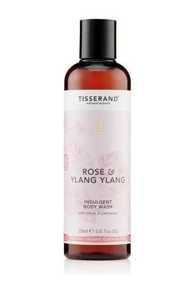 Tisserand Aromatherapy Rose & Ylang Ylang Indulgent Body Wash 250ml in a transparent bottle.