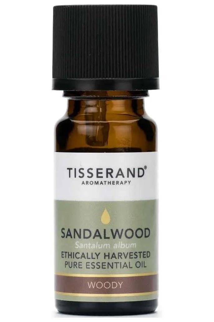 Tisserand Aromatherapy Sandalwood essential oil bottle, 100% pure and ethically harvested, 2 ml.