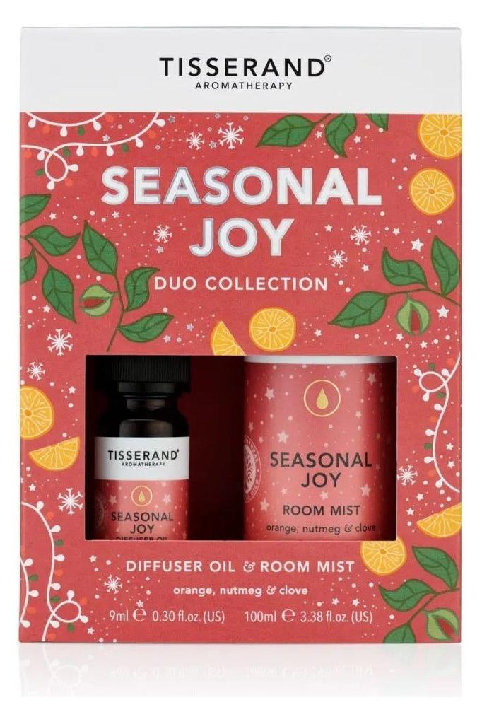 Tisserand Seasonal Joy Duo Collection with diffuser oil and room mist, featuring orange, nutmeg, and clove for a festive atmosphere.