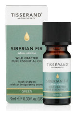 Tisserand Siberian Fir essential oil (9 ml) in a green box with invigorating aroma benefits.