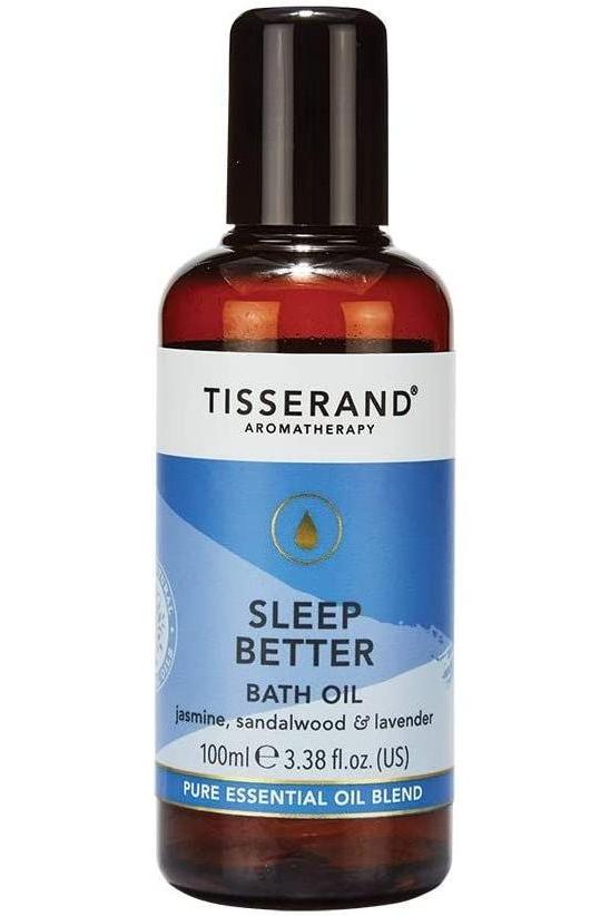 Tisserand Sleep Better Bath Oil featuring natural jasmine, sandalwood, and lavender for improved sleep quality.
