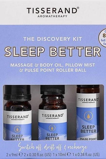 Tisserand Aromatherapy Sleep Better Discovery Kit with massage oil, pillow mist and roller ball for better sleep.