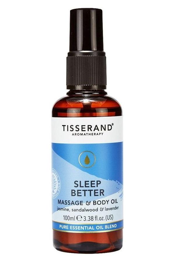 Tisserand Aromatherapy Sleep Better Massage & Body Oil, 100 ml with lavender, sandalwood, and jasmine for relaxation.