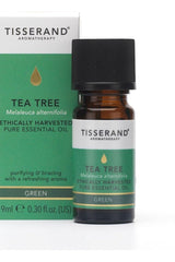 Tisserand Aromatherapy Tea Tree essential oil bottle with box, ethically harvested, 9ml.