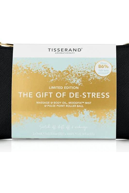 Tisserand Aromatherapy Gift of De-Stress set featuring massage oil, mood mist, and pulse point roller ball.
