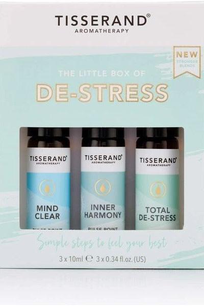 Tisserand Aromatherapy Little Box of De-Stress with 3 x 10ml roll-on essential oils for relaxation.