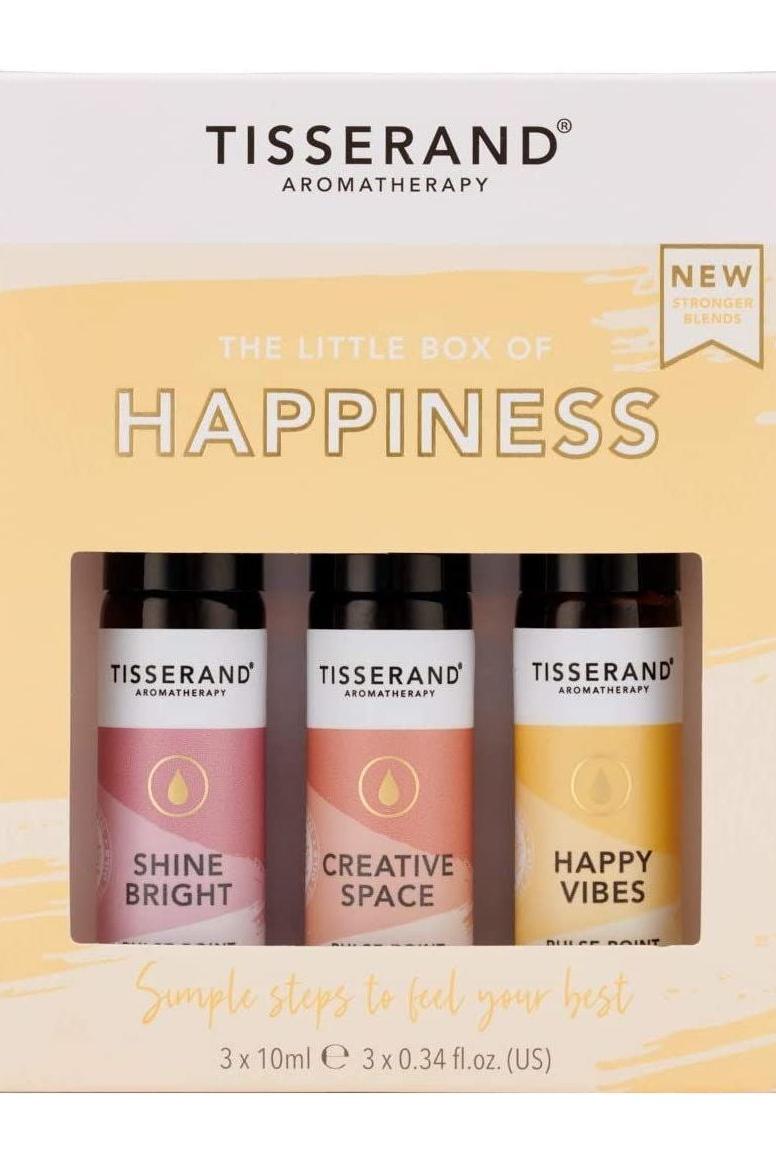 Tisserand Aromatherapy Little Box of Happiness set with Shine Bright, Creative Space, and Happy Vibes rollers.