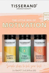 Tisserand Aromatherapy The Little Box Of Motivation with 3 x 10 ml rollerballs for motivation and energy.