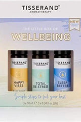 Tisserand Aromatherapy Little Box of Wellbeing with 3 x 10ml essential oil rollers for mood and relaxation.