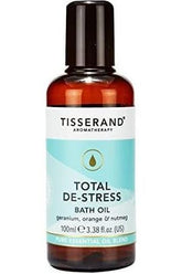 Tisserand Total De-Stress Bath Oil 100ml with essential oils of geranium, orange, and nutmeg for relaxation.