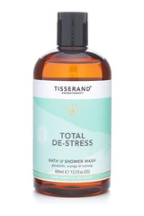Tisserand Aromatherapy Total De-Stress Bath & Shower Wash 400 ml bottle with essential oils for relaxation.