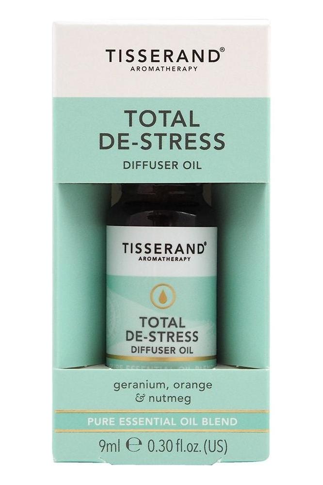 Tisserand Total De-Stress Diffuser Oil 9ml bottle with packaging, featuring geranium, orange, and nutmeg essential oils.