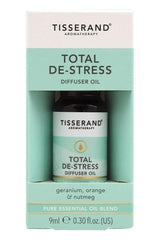 Tisserand Total De-Stress Diffuser Oil 9ml bottle with packaging, featuring geranium, orange, and nutmeg essential oils.