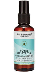 Tisserand Total De-Stress Massage & Body Oil (100 ml) bottle with natural essential oils for relaxation.