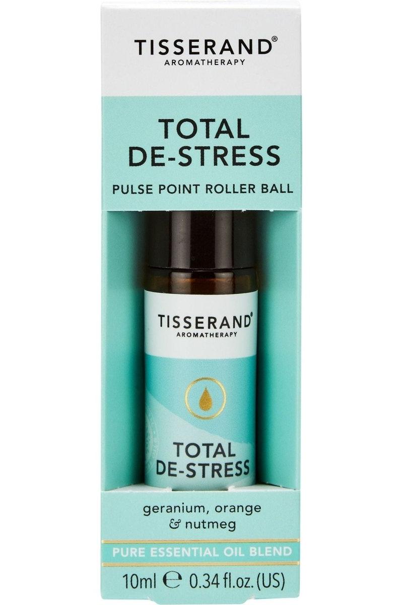 Tisserand Aromatherapy Total De-Stress Pulse Point Roller Ball with geranium, orange, and nutmeg oils, 10 ml.