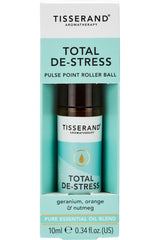 Tisserand Aromatherapy Total De-Stress Pulse Point Roller Ball with geranium, orange, and nutmeg oils, 10 ml.