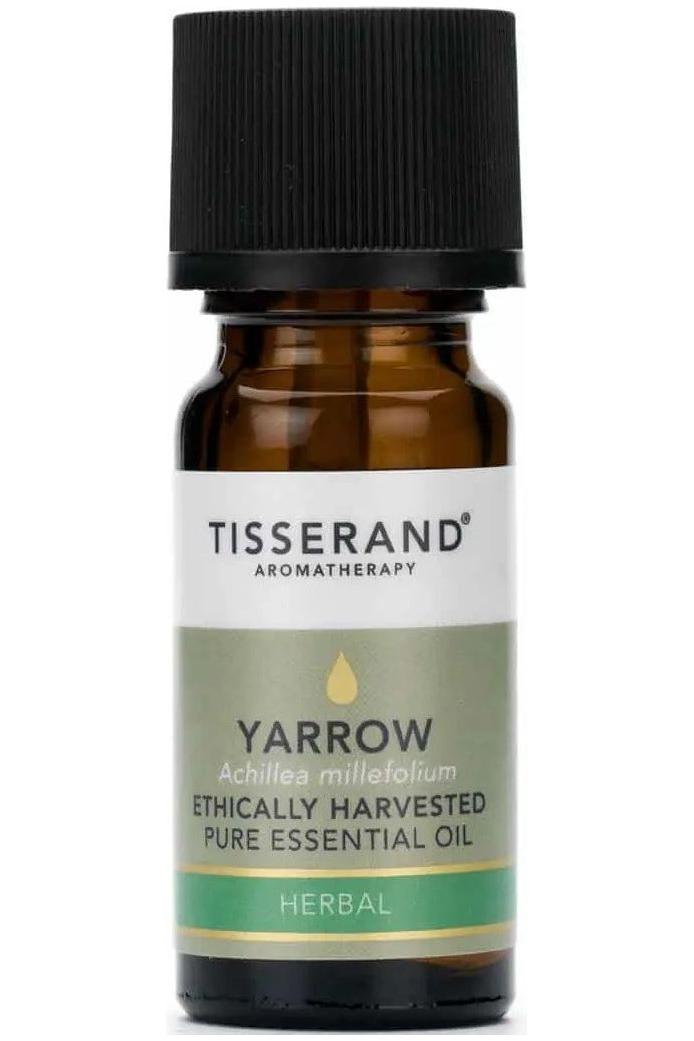 Tisserand Aromatherapy Yarrow essential oil, 9 ml, ethically harvested, known for anti-inflammatory benefits.