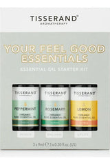 Tisserand aromatherapy feel good essentials kit with peppermint, rosemary, and lemon essential oils.