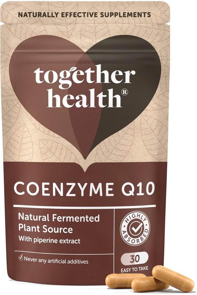 Together Health Coenzyme Q10 supplement package with capsules, supporting heart health and energy production.