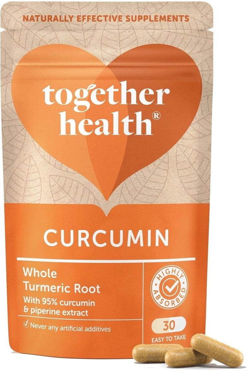 Together Health Curcumin supplement with whole turmeric root and piperine extract in a 30-capsule pouch.