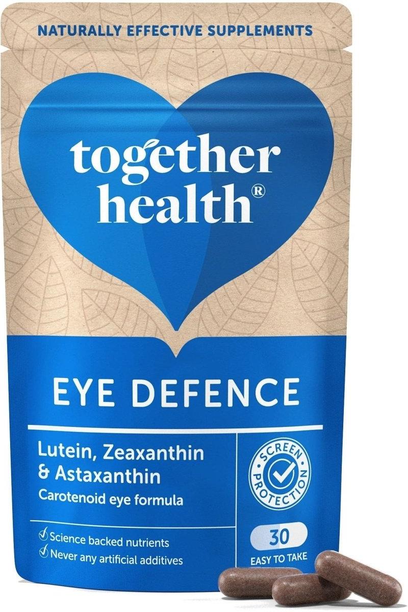 Together Health Eye Defence supplement packaging featuring lutein, zeaxanthin, astaxanthin for eye health.